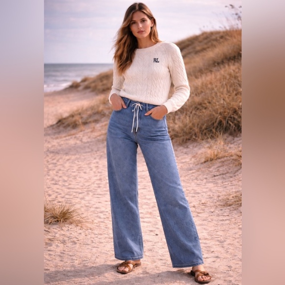 Flamingals drawstring stretchy wide leg denim jeans woman’s size M FL5-221